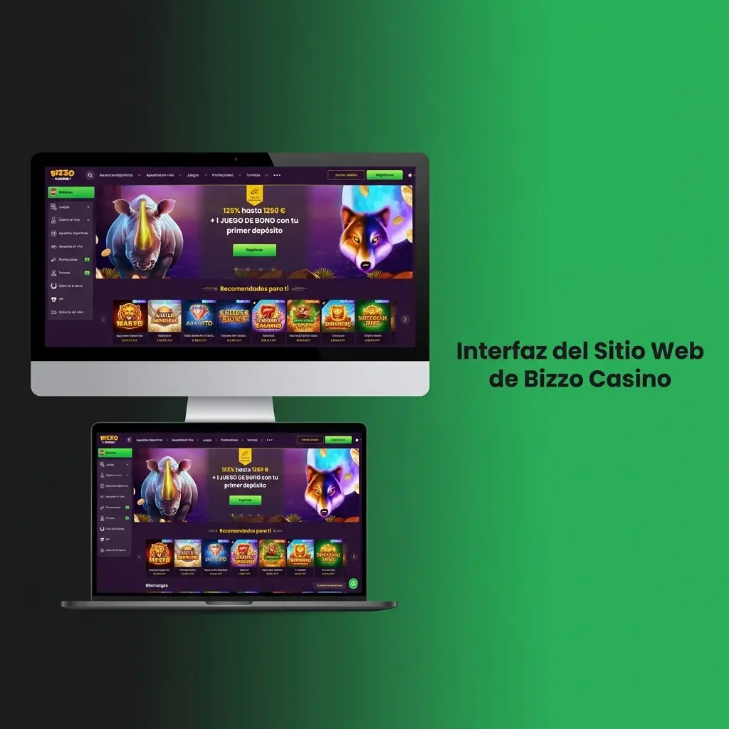 Interfaz oscura del sitio web de Bizzo Casino con menú de navegación y acentos en verde