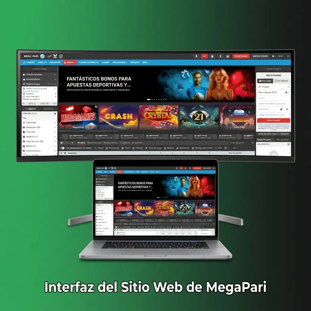 Interfaz del sitio web de MegaPari con barra de navegación, secciones de deportes, casino y apuestas en vivo para Uruguay