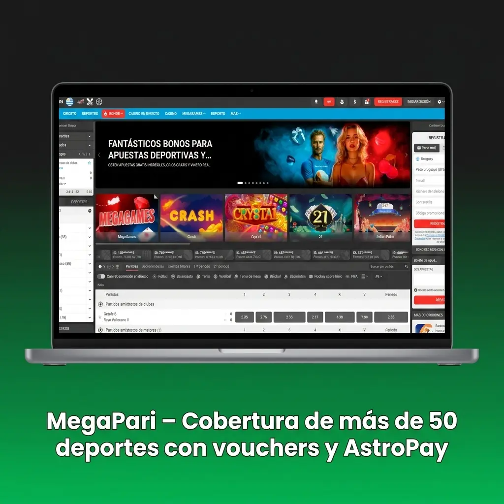 MegaPari apuestas deportivas Uruguay: más de 50 deportes, bono 100% hasta 23.000 UYU con vouchers y AstroPay