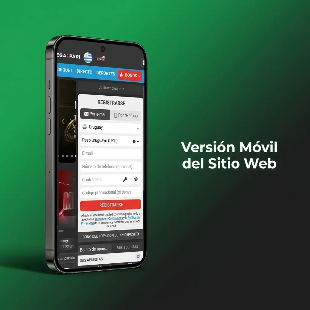 Versión móvil de MegaPari en smartphone con acceso a sportsbook, casino y esports desde el navegador