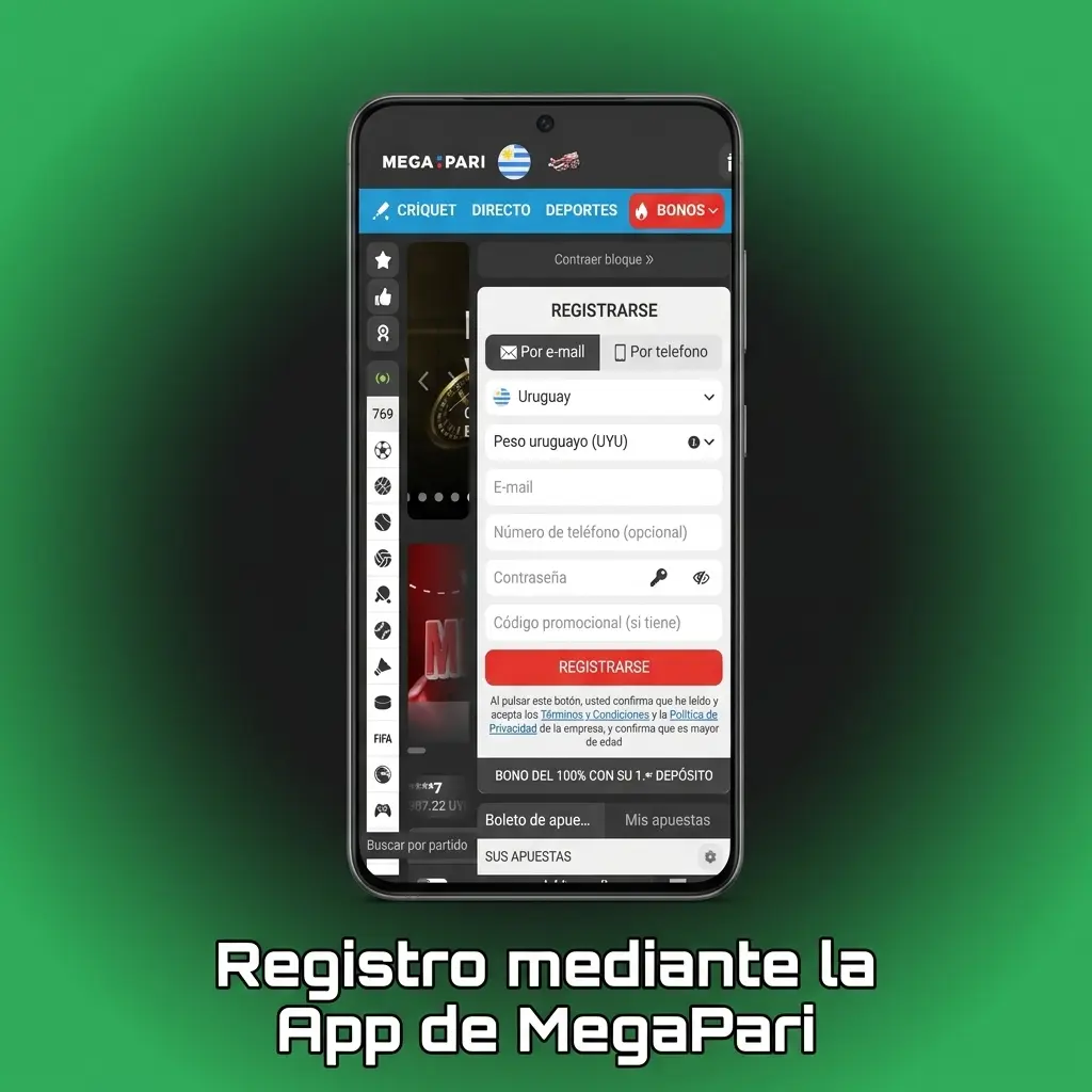 Registro en la app de MegaPari: formulario simplificado con bono de bienvenida hasta 23,000 UYU para Uruguay
