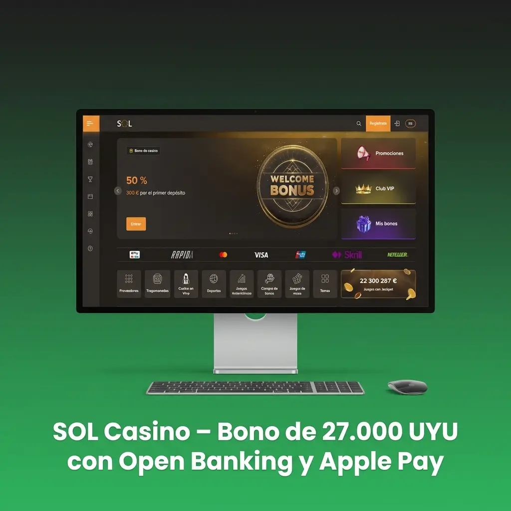 SOL Casino bono 500% hasta 27.000 UYU con Open Banking y Apple Pay para Uruguay
