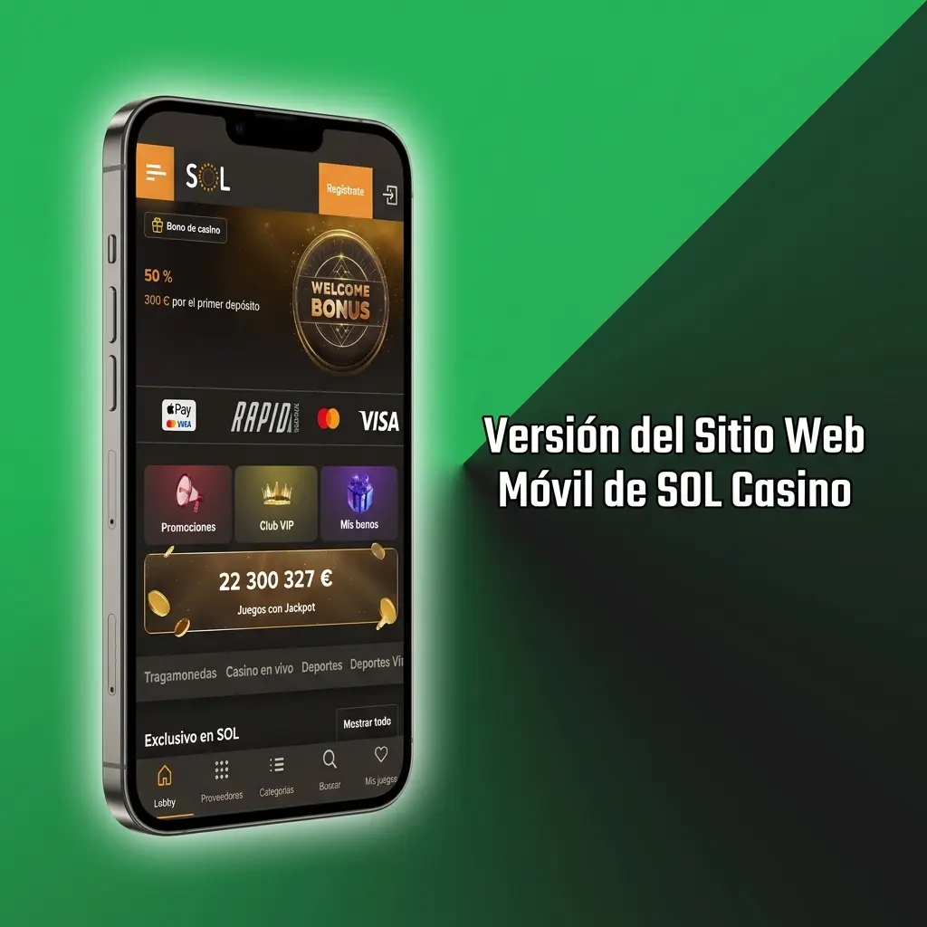 Sitio web móvil de SOL Casino accesible desde navegador sin instalación, con casino, apuestas y pagos disponibles